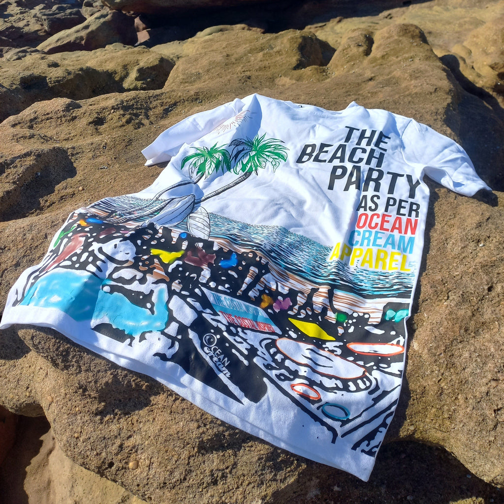 Colorful beach-themed face mask on a rocky surface
